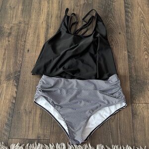 Black Tankini Top with Black & White Striped High-Waist Bottoms